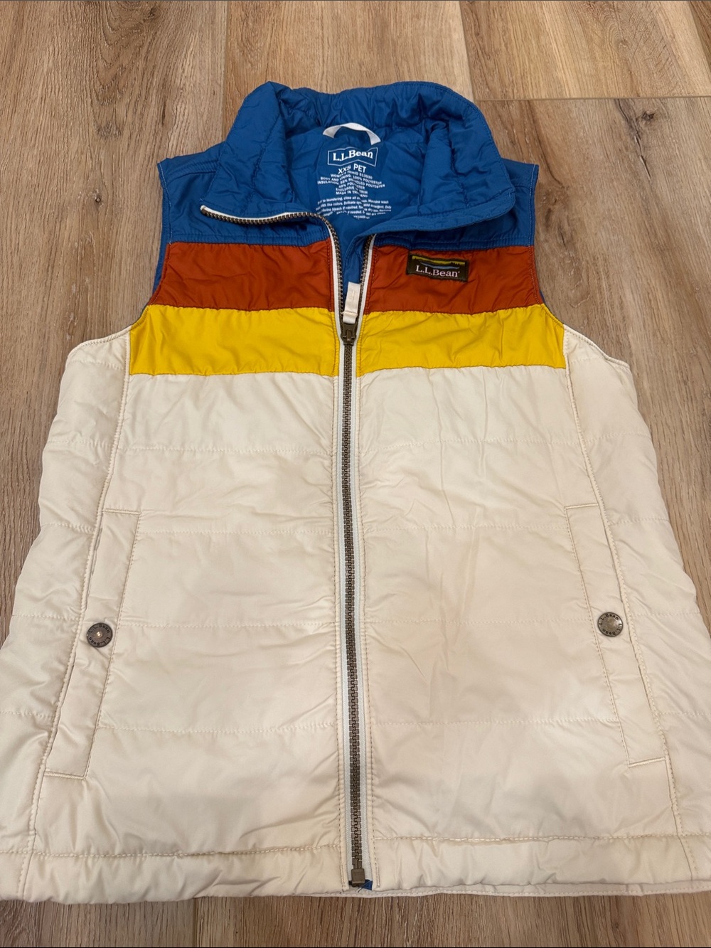 Cream Puffer Vest with Blue, Yellow & Rust Stripes